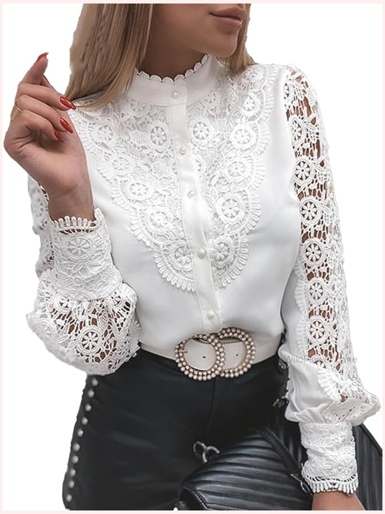 Mock Neck Lace Button Down Blouse Long Sleeve Top